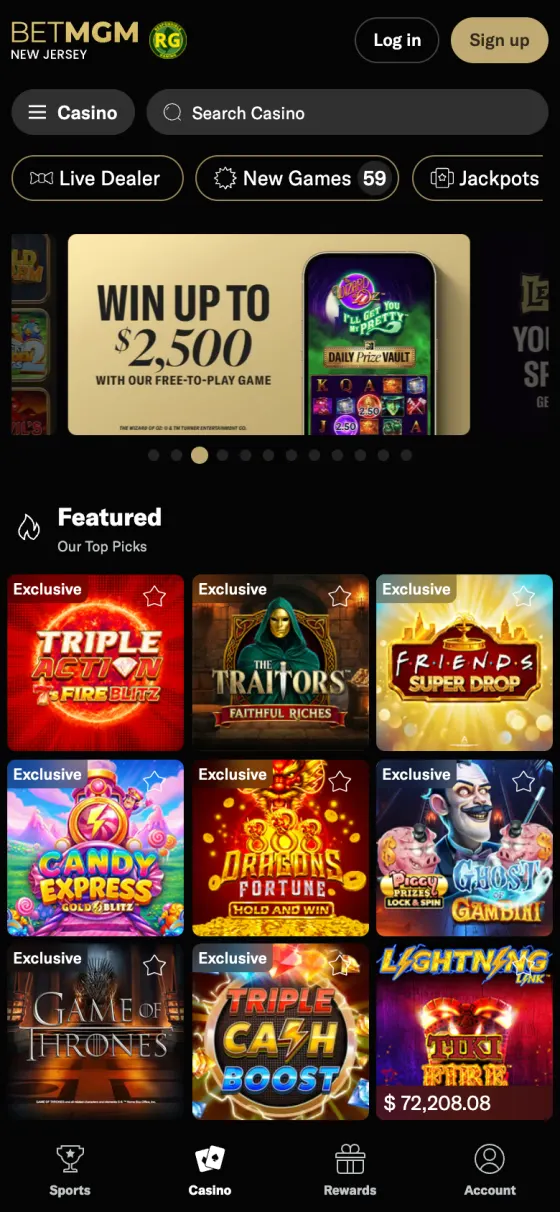 BetMGM Casino mobile lobby in New Jersey