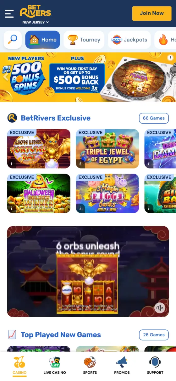 BetRivers Casino mobile lobby in New Jersey