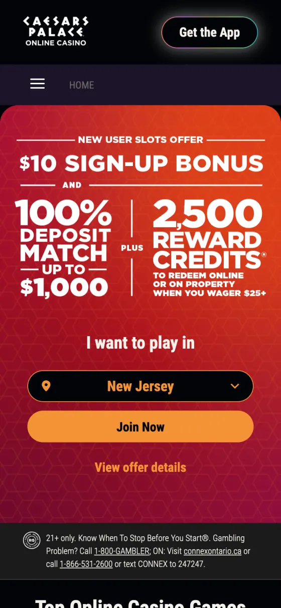 Caesars Palace Online Casino offer page in New Jersey
